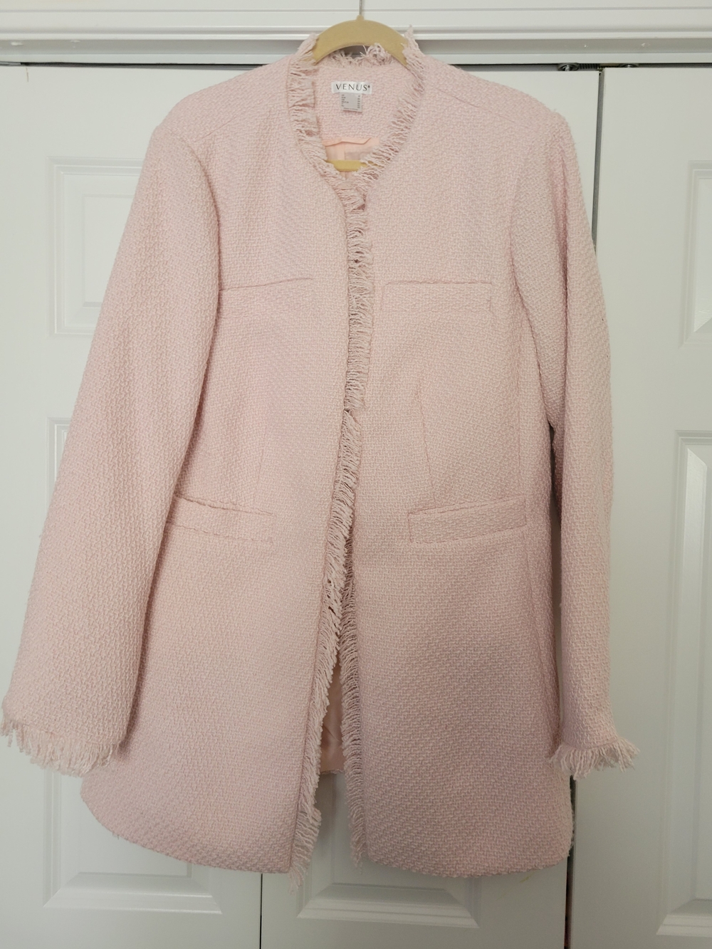 VENUS Womens Pink Fringe Tweed Coat